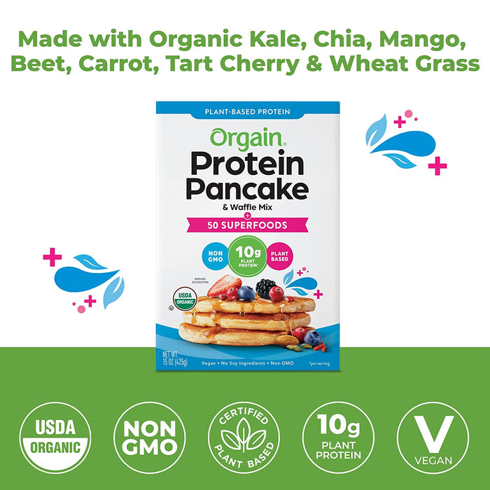 Orgain Protein Pancake & Waffle Mix, 50 Superfoods - Made with Mango, Organic Kale, Chia Seeds, Carrot, Beet Powder, Wheat Grass & Tart Cherry, 10g of Plant Based Protein, Non-GMO, 15 Oz